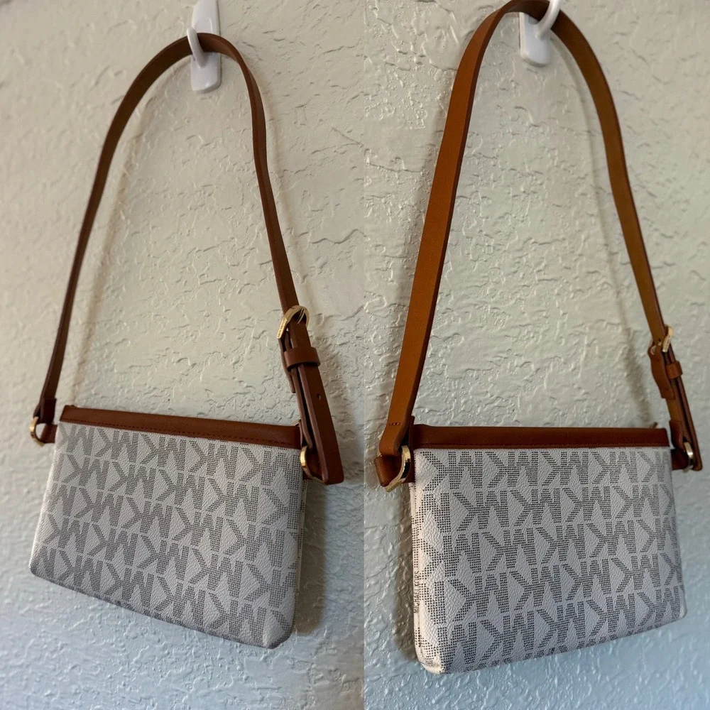 Michael‎ Kors MK Signature Logo Crossbody Bag White Brown Leather Trim 8x5 Small